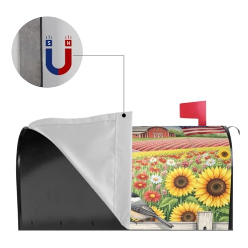 Image of American Flag Farmouse Flowers Field Mailbox Cover Magnetic Rustic Sunflowers and Birds Waterproof Mailbox Wraps Post Letter Box Decor 25.5x21 in
