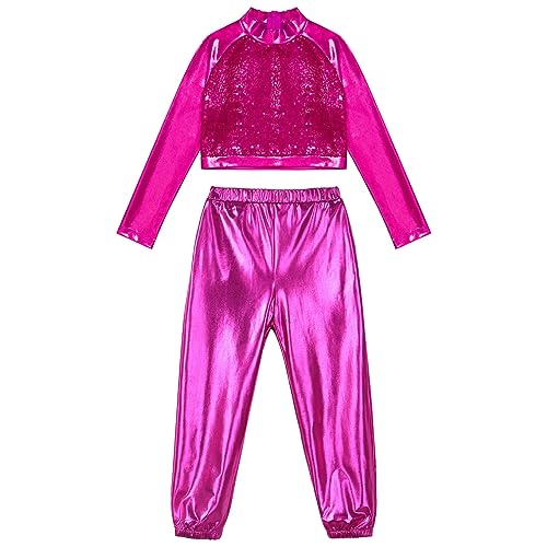 JanJean Kids Girls 2Pcs Dance Tracksuit Shiny Metallic Crop Top with Athletic Sweatpants Jazz Hip Hop Jazz Dance Costume Hot Pink 8 Years