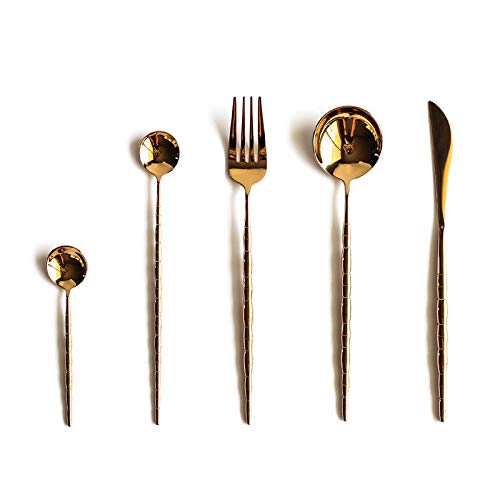 Juego de Cubiertos de Plata, 5/20/30/40/50/60 Piezas, Estilo Retro portugués, de Acero Inoxidable 304 en Oro Rosa. Incluye Cuchillo, Tenedor y Cuchara para Carne. Oro Rosa: 40 Piezas para 8 Personas.