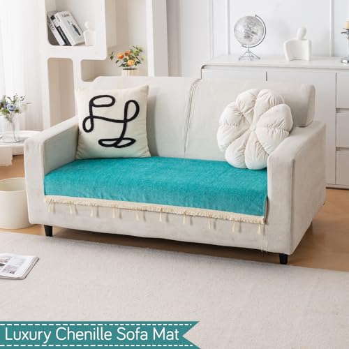 Image of HOKIPO 'Serenity Tassel' Chenille 2 Seater Sofa Cover with Tassel - Ocean Teal (IN-891-SBL)