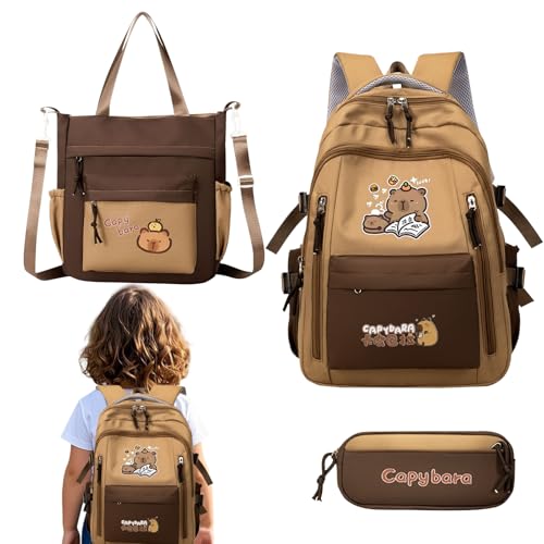 Generisch Mochila para niñas | Gran capacidad Capybara Juego de mochilas escolares, juego de escritura, útiles escolares para botella de agua, libros, diarios, adolescentes, estudiantes, viajes