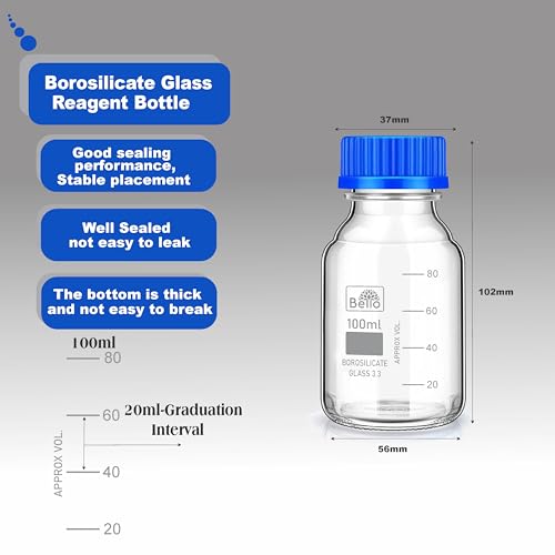 Image of Bello Borosilicate Glass reagent bottle 100ml with leak proof Blue Screw Cap pack of 6pcs for glassware wide mouth sample bottles for lab, laboratory, kitchen and professional use
