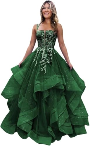 Spaghetti Straps Prom Dresses Glitter Tulle Ruffle Tiered Long Formal Ball Gown Laces Appliques Princess Dress