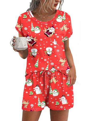 Image of Ekouaer Womens Pajama Sets 2 Piece Soft Short Sleeve Top and Shorts Sleepwear Round Neck Pjs Lounge Set with Pockets Red Christmas Small