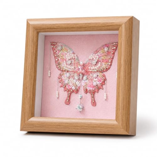 LKTEE Butterfly Bead Embroidery Kit Hand Embroidery Starter Kit for Beginners Adults with Wooden Frame Beaded Embroidery Kits DIY Craft Sewing Supplies for Gift Home Decoration (Pink)