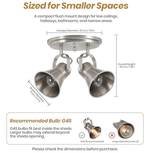 Image of Nickel Kitchen Ceiling Light Fixture, 2-Light Adjustable Track Lighting, Modern Flush Mount Directional Light for Hallway, Bathroom, Dining Room