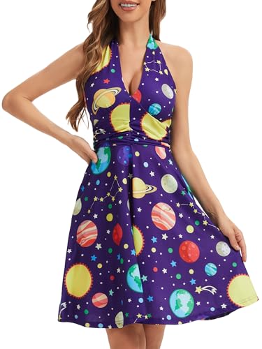 Image of Women's Festival Dress- Halter V Neck Sleeveless Ruffle Mini Dresses with Pocket