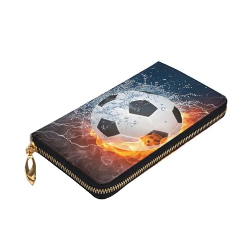 Soccer in Fire and Water Leather Hand Wallet for Women Long Zipper Clutch Purse for Cash Cards Coin3