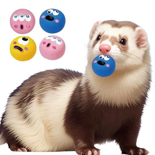 TTMIMIK Quietschspielzeug für Frettchen, Gummi, Latex, Welpen, Katzen, Spielzeug, schönes interaktives Spielen, robustes Zahnspielzeug, große Augen, bedruckter Ball, waschbar, 4 Stück (4 Stück)