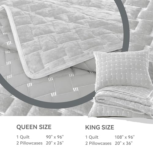 Image of Grassix Velvet Quilt Set Queen Size, Luxury Geometric Design, Frost Gray | Lightweight Velvet Comforter with 2 Pillow Shams, Ultra Soft Bedspread Coverlet, Quilted Bedding Set for All Seasons, 90 inchx96 inch