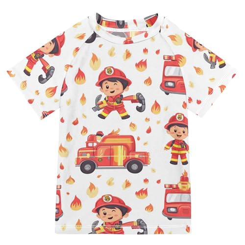 Firefighter and Fire Truck White Girls Bathing Suit Sun Protection Rash Guard for Girls Swimwears Athletic Tops for Little Boys 9-10Y