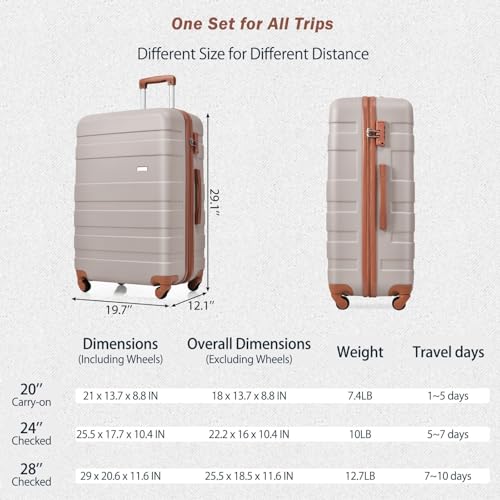 3 Piece Hardshell Luggage Set with Spinner Wheels and TSA Lock Lightweight Suitcase in 20'', 24'', 28'' Sizes (Light Brown)2