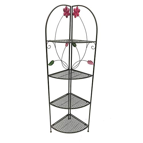 Benjara , Black Four Shelf Metal Foldable Corner Rack with Flower Accents