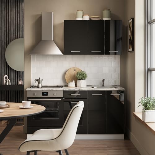 Vicco Cocina para Solteros R-Line, Negro Brillo/Blanco, 160 cm con Mueble para Horno Empotrado sin encimera - imagen 2