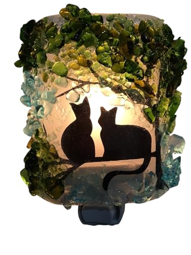 Kitty Cat Twins Black Silhouette Tree Recycled Glass Artisan Night Light Nightlight Unique Eco Gift