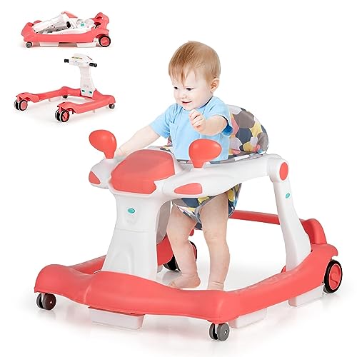 DREAMADE 2 in 1 Lauflernhilfe mit Musik & Licht, Baby Walker Höhenverstellbar & Klappbar, Lauflernwagen Baby ab 6 Monaten (Rosa)