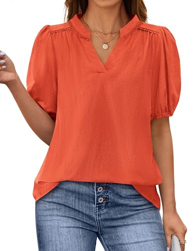 PRETTYGARDEN Womens Casual Summer Tops 2025 V Neck Short Puff Sleeve Pleated Cotton T Shirts Loose Dressy Blouses
