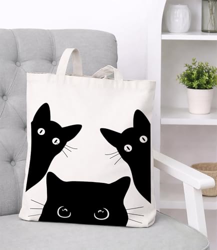 Image of Cute Cat Canvas Tote Bag for Women, Aesthetic Reusable Shoulder Bag for Shopping Travel Work