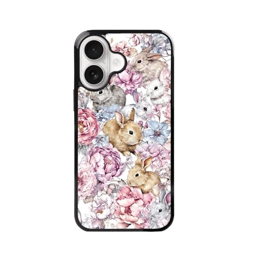 qizjio Floral Rabbit Bunny Phone Case, Shockproof Protective Rose Garden Watercolor Art Cover for iPhone 16