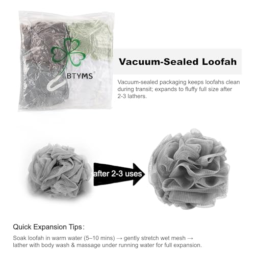 BTYMS 75g/Pc Large Loofahs Shower Sponge, Exfoliating Body Scrubber Shower Scrunchies Mesh Pouf Bath Sponges - Pack of 6