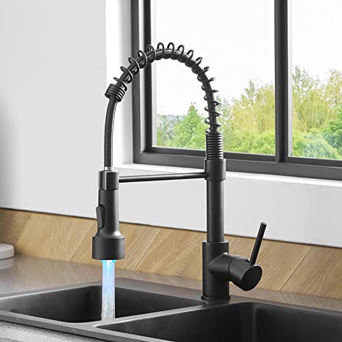 Black Kitchen Faucet With Pull Down Sprayer For Sink Single Hole Deck Mount Spring Faucets With Led Light Stainless Steelllaves Para Fregaderos De Cocina #TOP4