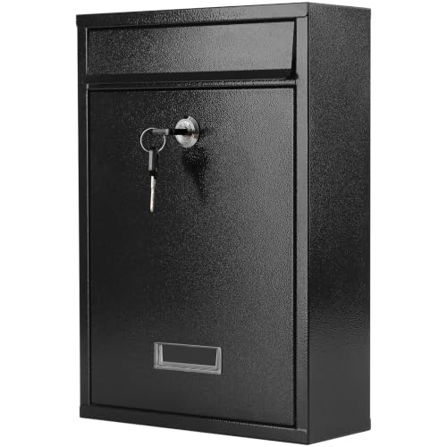 KYODOLED Mailbox for Outside, Wall Mount Locking Mailbox, Security Drop Box with Key Lock for Letters, Cash, Cards, Steel Mail Box for House Office School, 12.4H x 8.54L x 3.35W Inches, Black