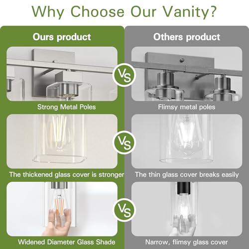Image of Brush Nickel Bathroom Vanity Light - 3 Light Bathroom Light Fixture Square Design & UL Certification & Square Bath Room Lights Fixture Over Mirror