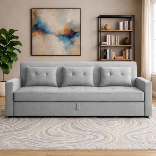 Image of Casaliving Treshta 3 Seater Pull-Out Premium Fabric Sofa Cum Bed Sofa Set for Living Room (Grey Fabric Color) Premium Fabric Sofa Set for Living Room Sofa Cum Bed