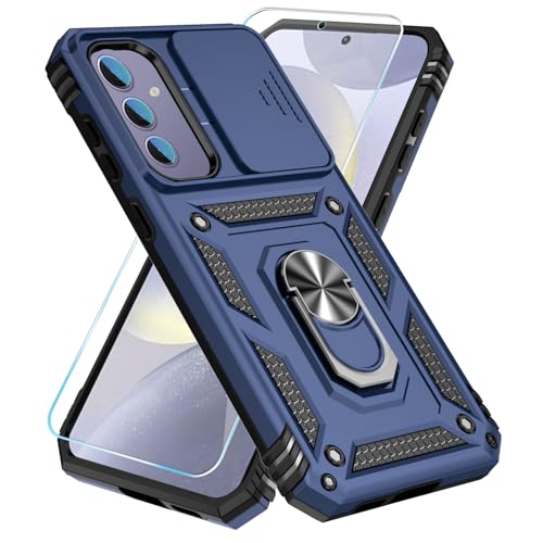 SunStory Phone Case for Samsung Galaxy S24 FE 5G Case with HD Screen Protector & Slide Camera Cover & Rotated Ring Kickstand, [Military-Grade] Phone Case for Galaxy S24 FE,Blue