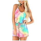 LoveLeiter Damen Sommer Tie Dye Kurz Jumpsuit mode ärmellos V-Ausschnitt Overall Casual Playsuit kurze Hoseanzug Retro Spielanzug Casual Strampler Stretch Rompers Schulterfrei Latzhosen