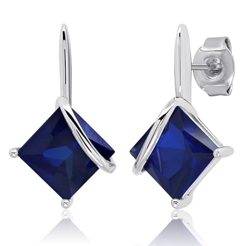 925 Sterling Silver Princess Cut Gemstone Square Drop Dangle Earrings for Women 7mm in Various Birthstones with Push Backs by MAX + STONE - Main Image