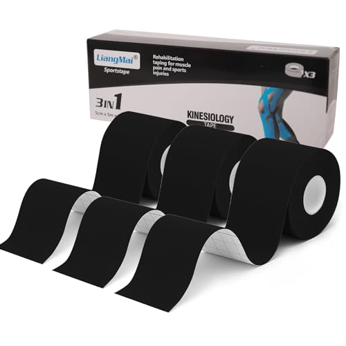 LiangMai Kinesiotapes - 3 Rollen 5cm x 5m Kinesiologie Tape Kinesiotape Schwarz, wasserfestes & elastisches Physio Tape & Sporttape - hautfreundliche Tapes für Sport Knie Schulter Ellenbogen