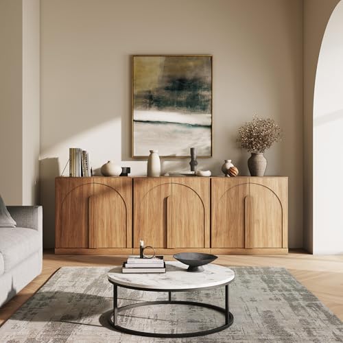 Image of BELLEZE Bijou Modular Media Console Wall Unit (94.5 inch Wide)-Extra Long Entertainment Center & Storage System-Arched Door Sideboard for Living Room & Office-Hides All Clutter, Camel