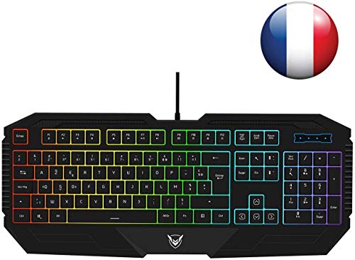 PICTEK Clavier Gaming Filaire, Clavier AZERTY à Membrane 26 Touches Anti-ghosting avec Rétro-éclairage Rainbow LED, Repose-Poignet Ergonomique pour PC, Ordinateur Bureau, Dactylographes, Joueurs