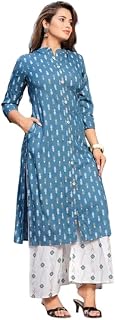 Women's Printed Kurta with White Palazzo, Mandarin Collar, 3/4 Sleeves, Ethnic Wear Price In India