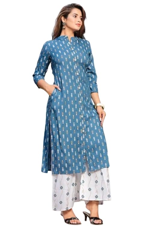 Women's Printed Kurta with White Palazzo, Mandarin Collar, 3/4 Sleeves, Ethnic Wear - Review, Price and Buying Guide
