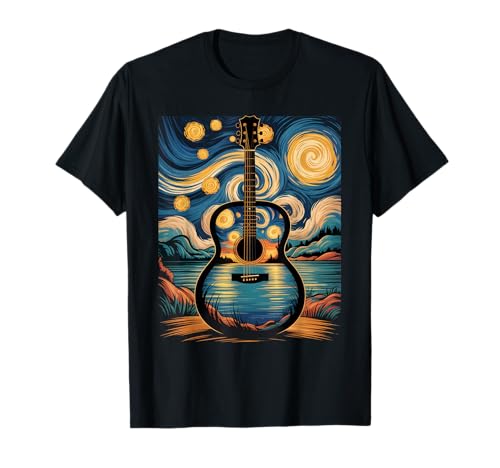 Guitar Lake Starry Night Music Guitarist Van Gogh Funny Gift T-Shirt