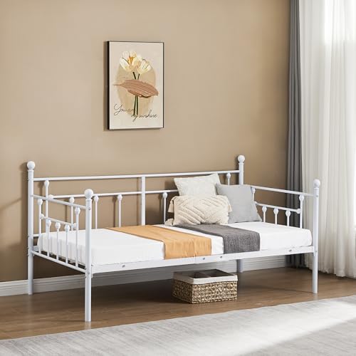 VECELO Twin Size Daybed Frame Metal Steel Slat Support with Headboard Sofa Bed Platform for Living Room, Guest Room, Easy Assembly, White