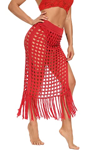 Women Sexy Hollow Out Mesh Tassle Skirts Beach Cover Up Summer Fish Net Swimsuit Wrap Sheer Maxi Sarong Swimwear (Color : Red C, Size : Medium)
