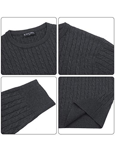 Kallspin Men's Cable Knit Crewneck Sweater Pullovers Cashmere Wool Blended Relax Fit Knitwear (Charcoal, X-Large) #TOP4