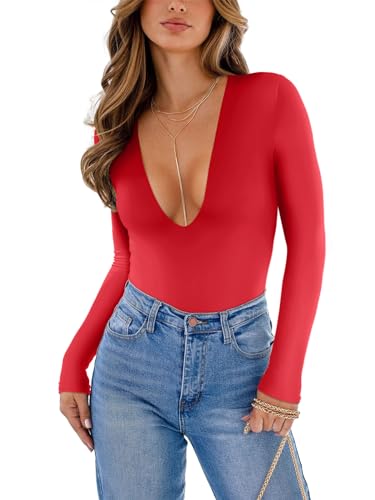 REORIA Long Sleeve Low Cut Thong Bodysuit Shirts For Women