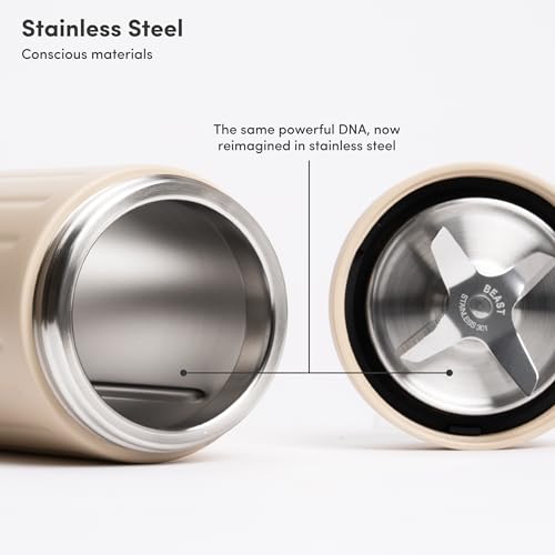 Image of Beast Mighty 850 Stainless Steel | Compact Personal Blender | Extra Vessels | Keeps Blends Cold | Smoothies, Shakes, Sauces, Dips | Portable Straw Caps and Lids | 850W (Sand)