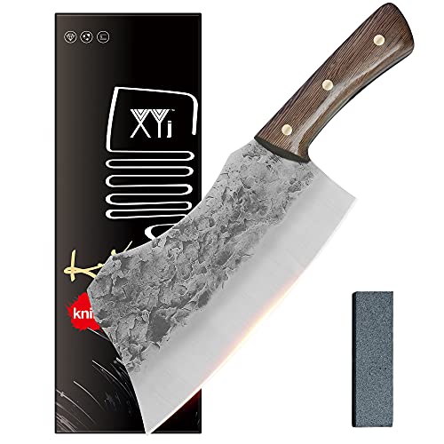 XYJ Stainless Steel Chopper Knife 7 Inch Forging Serbian Chef Knives Full Tang Meat Cleaver Chopping Kitchen Knife With Mini Whetstone For Outdoor Camping BBQ