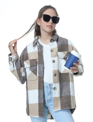 Image of Mebius Girls Shacket Jacket Long Sleeve Plaid /Corduroy Color Block Button Down Casual Collared Shirt with Pocket
