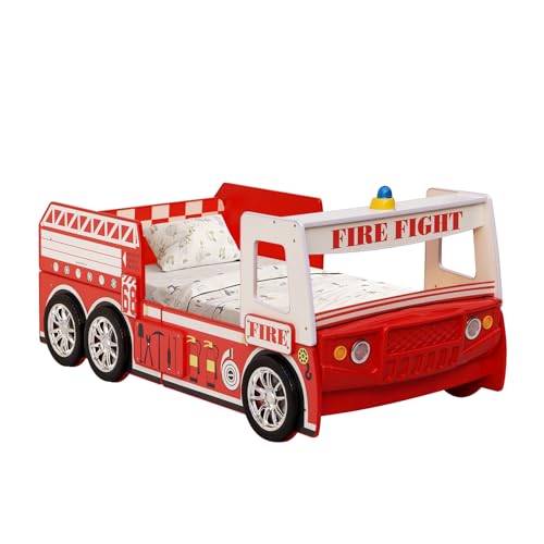 HMFULE Twin Bed Frames for Kids, Wood Fire Truck-Shaped Bed Frame Platform with Wheels LED Lights & Slat Support for Toddler, Teens, Boys or Girls, No Box Spring Needed (Red)