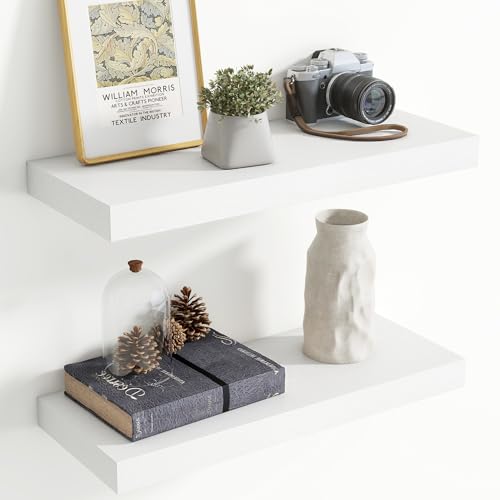 Image of 24 Inch Floating Shelves for Wall, 8 Inch Deep Floating Shelf for Storage & Display, Rustic Wall Mounted Shelf with Invisible Brackets for Living Room, Kitchen, Bathroom, Home Decor, Set of 2, White