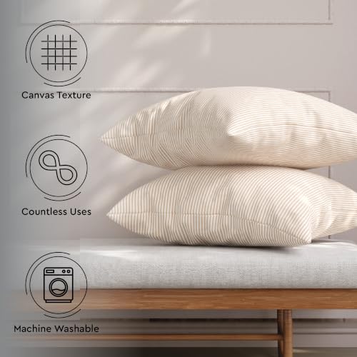 Image of Encasa XO Farmhouse Throw Pillow Covers Set of 2 (24x24 in) Ticking Beige | Decorative Cushion Covers No Inserts | Plaid and Stripes Pillow Covers for Living Room, Couch