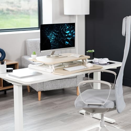Image of VIVO 26 inch Desk Converter, K Series, Height Adjustable Sit to Stand Riser, Dual Monitor and Laptop Workstation with Keyboard Tray, Light Wood Top, White Frame, DESK-V026KF