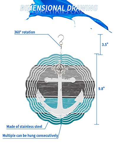 Aqua Grey Ombre Wood Wind Spinners For Yard And Garden, 3D Stainless Steel Wind Spinner, Beach Nautical Anchor Ocean Coastal Wind Sculptures Spinners Indoor Outdoor Hanging Crafts Ornaments 9.8 Inch #TOP1