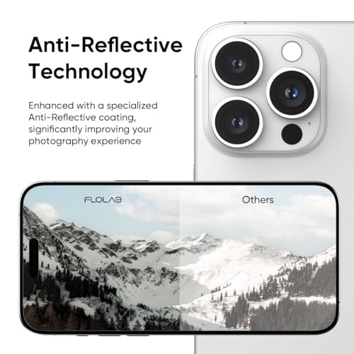 FLOLAB NanoArmour Anti-Reflective iPhone 16 Pro Max/Pro Camera Lens Protector - Durable Tempered Glass, Aluminum Ring, TruColors, Ultra Clear, Easy Install - Silver